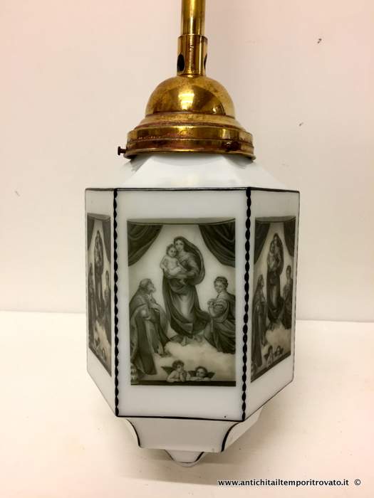 Antico lampadario esagonale decoro religioso - Antico lampadario con la Madonna e putti