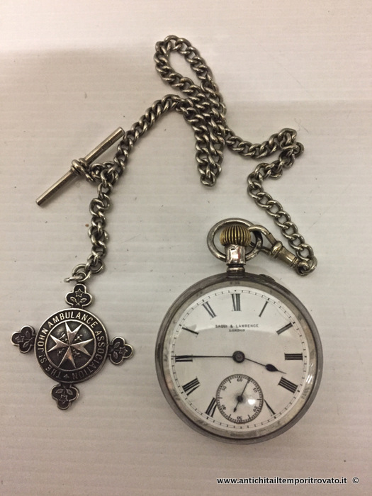 Antico orologio da taschino con catena in argento inglese - Orologio Saqui e Lawrence