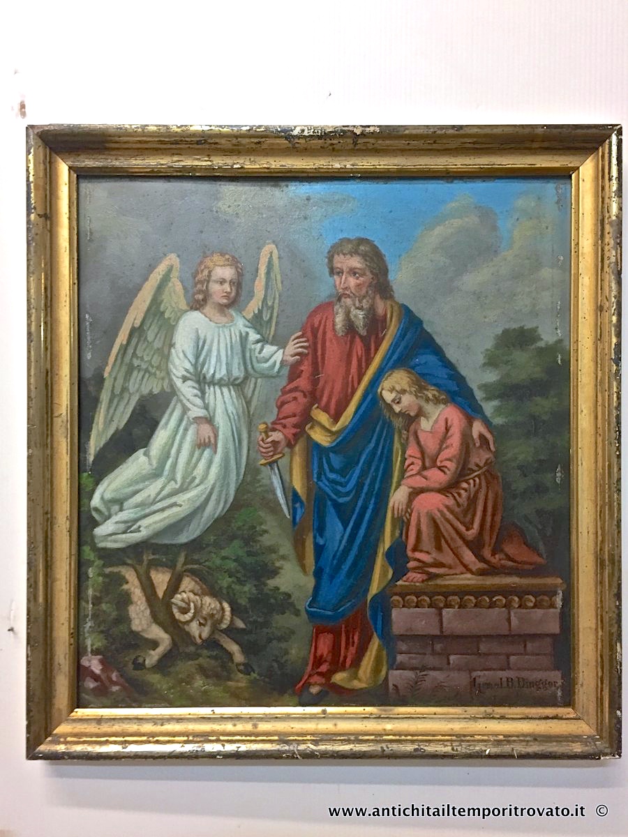 Antico dipinto ad olio tedesco su lastra metallo: il sacrificio di Isacco - Antico dipinto con scena biblica: Abramo sacrifica Isacco