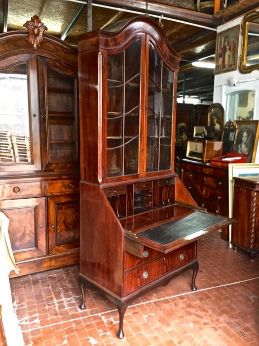 Antico trumeau inglese in piuma di mogano - Antico mobile Vittoriano a ribalta con libreria
