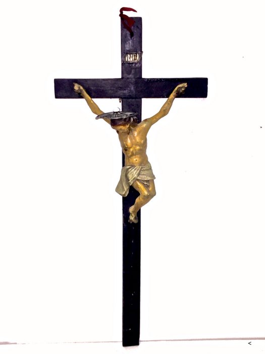 Antico Cristo in croce in legno policromo - Antica scultura in legno policromo Cristo in croce