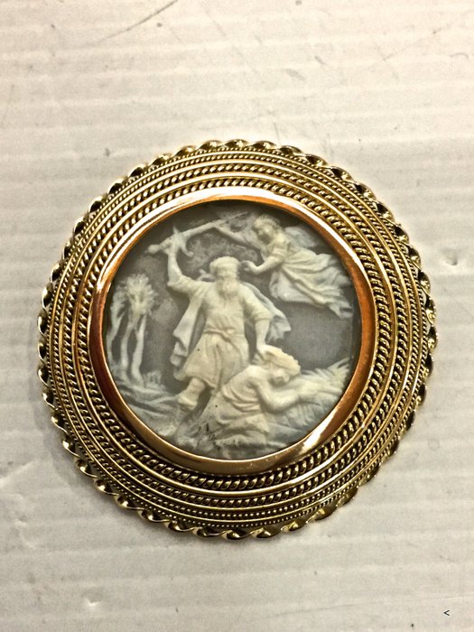 Antico cammeo dell'800 con scena biblica - Cammeo del XIX secolo con montatura in oro 750