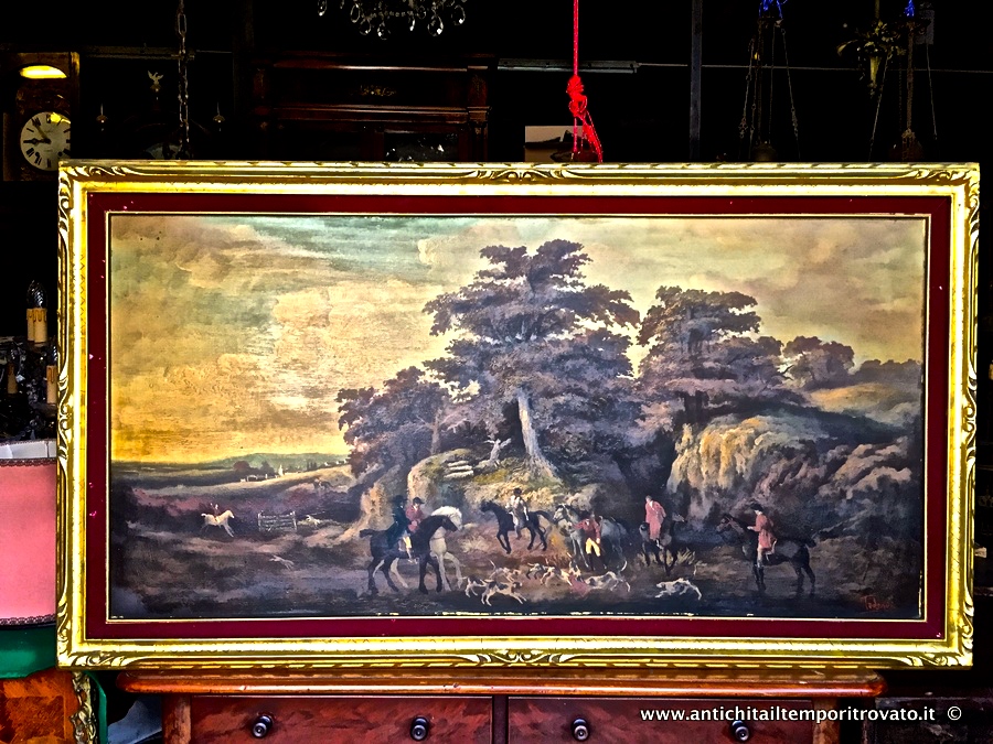 Antico e grande dipinto ad olio: scena di caccia inglese - Grande dipinto su tela: caccia a cavallo con segugi
