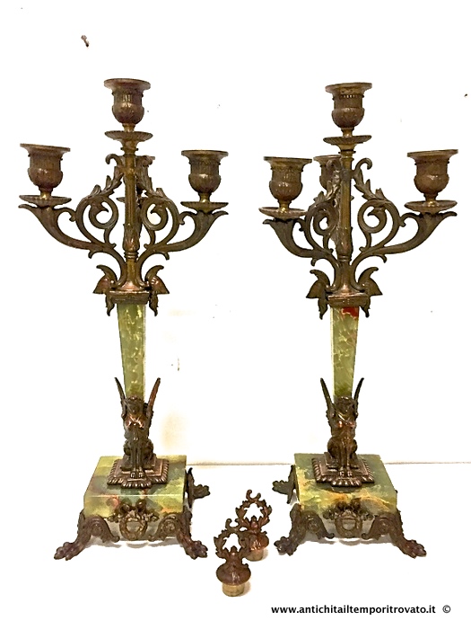 Antica coppia di candelabri con sfingi in onice e rame dorato - Antica coppia di candelabri Napoleone III a 4 fiamme