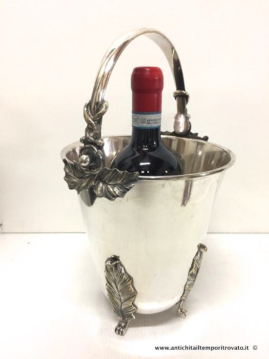 Antico secchiello portabottiglia in metallo argentato con manico - Antico secchiello portabottiglia con manico in silver plate