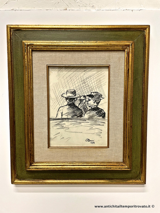Antico carboncino su carta di Ottone Rosai - Ottone Rosai: personaggi con cappello 1924