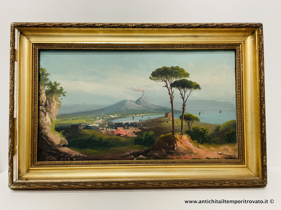 Antico dipinto ad olio rappresentante il Golfo di Napoli - Dipinto napoletano dell'800: olio su tela con cornice originale dorata