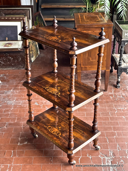 Antico etagere Vittoriano in noce venata con intarsi - Etagere inglese dell'800 rettangolare