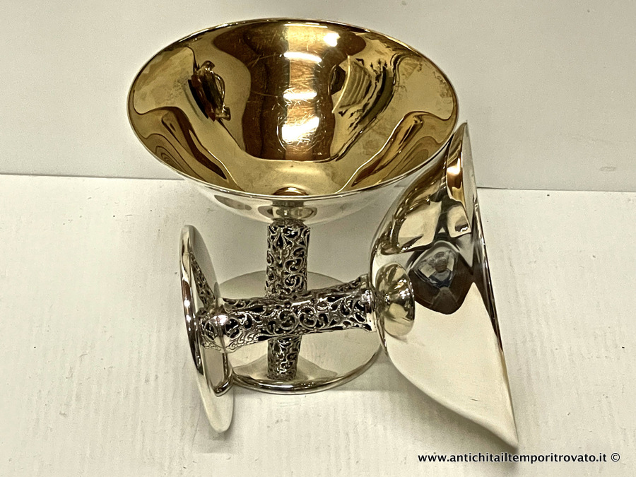 Coppia coppe per champagne in argento 800 interno vermeil - Coppe spumante tête-à-tête con gambo traforato dell'argentiere Stancampiano