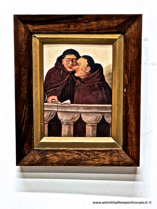 Antico e piccolo dipinto fine 800: due frati sorridenti - Antica cornice in noce fine 800 con dipinto coevo