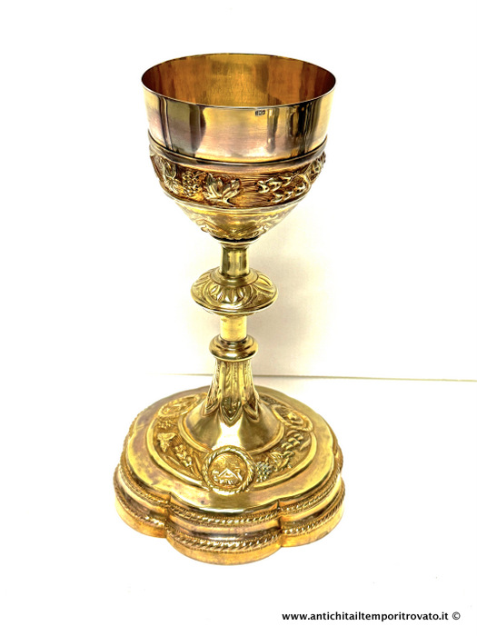 Calice da messa con base lobata in argento massiccio 800 dorato vermeil - Calice in argento massiccio, lavorazione a mano, perfetto per contenere il vino eucaristico durante le celebrazioni liturgiche